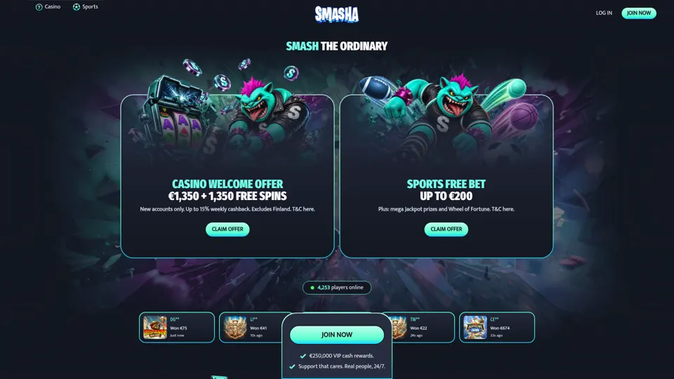 Smasha Casino etusivu kuvakaappaus